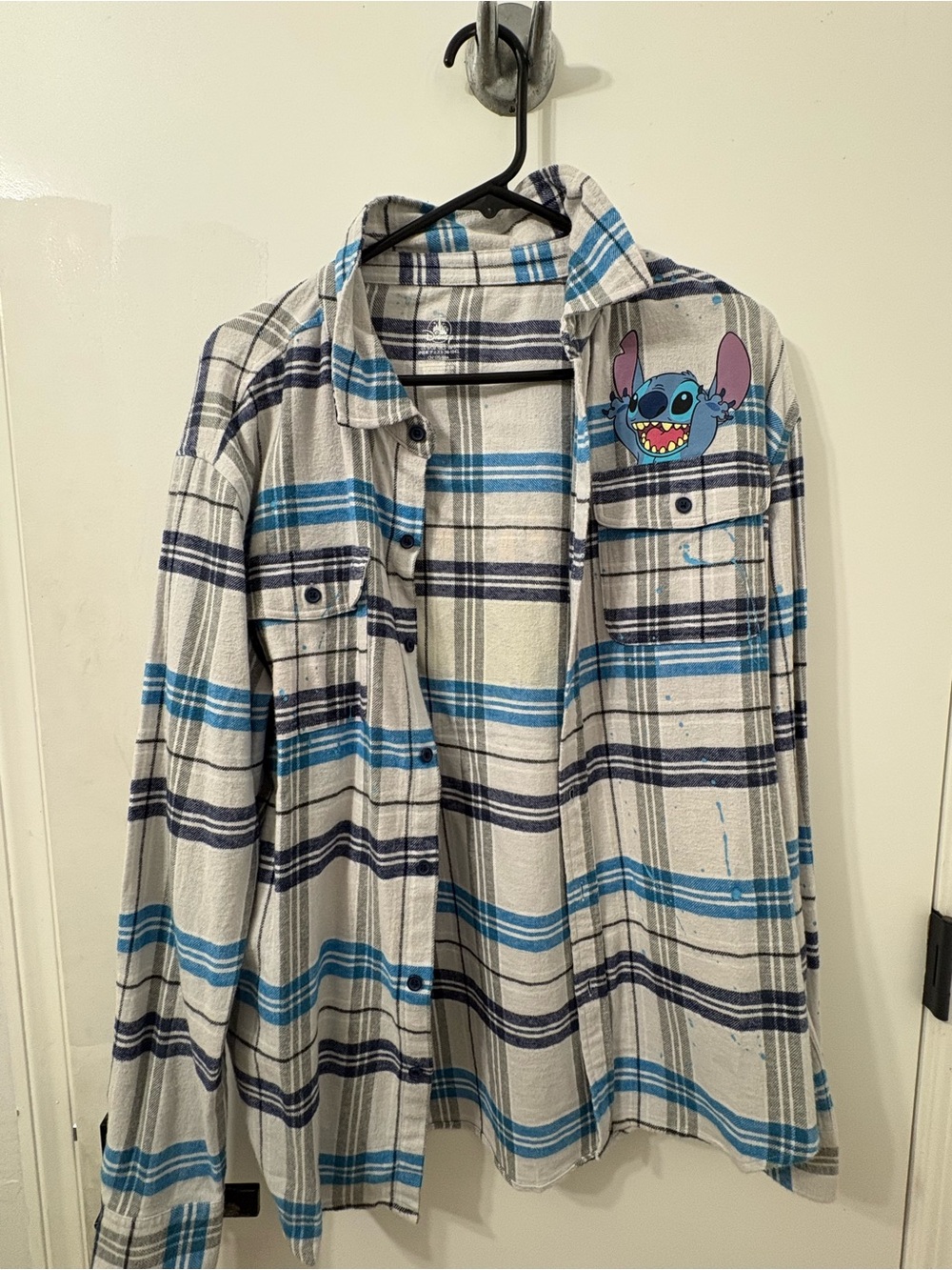 Blue Plaid Flannel with stitch Cartoon